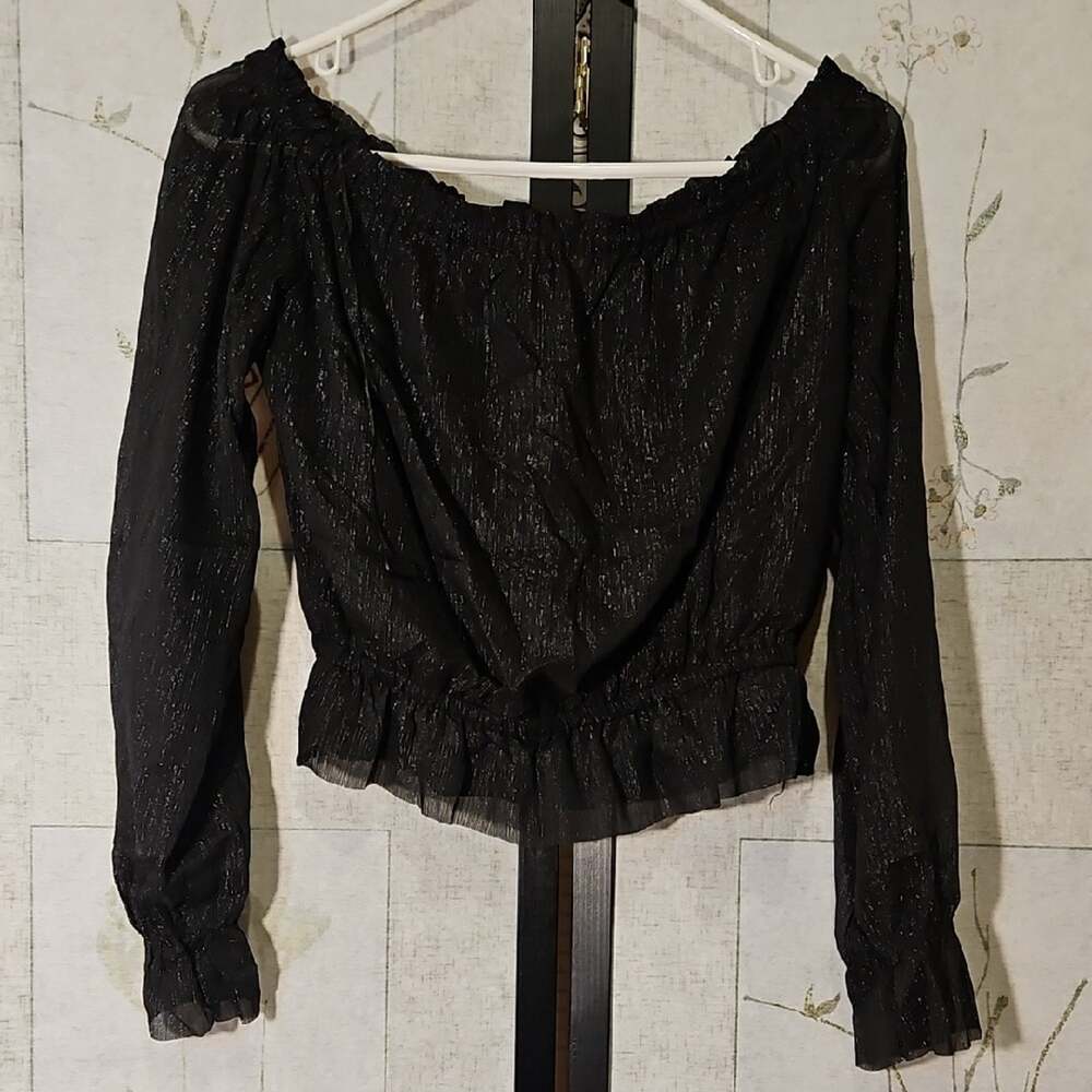 H&M Black Blouse with Fitted Ruffled Style and Long Sleeves